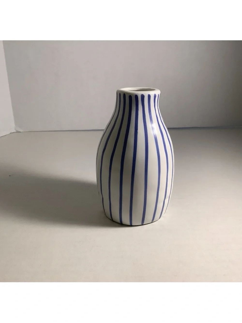 IKEA White Ceramic Vase with Blue Hand-Painted Stripes